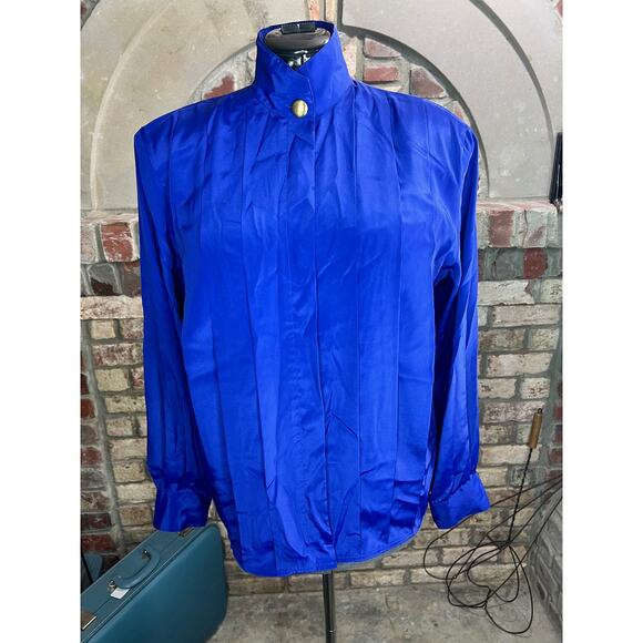 Blouse pleat front blue shoulder pads 1980s - Picture 1 of 9